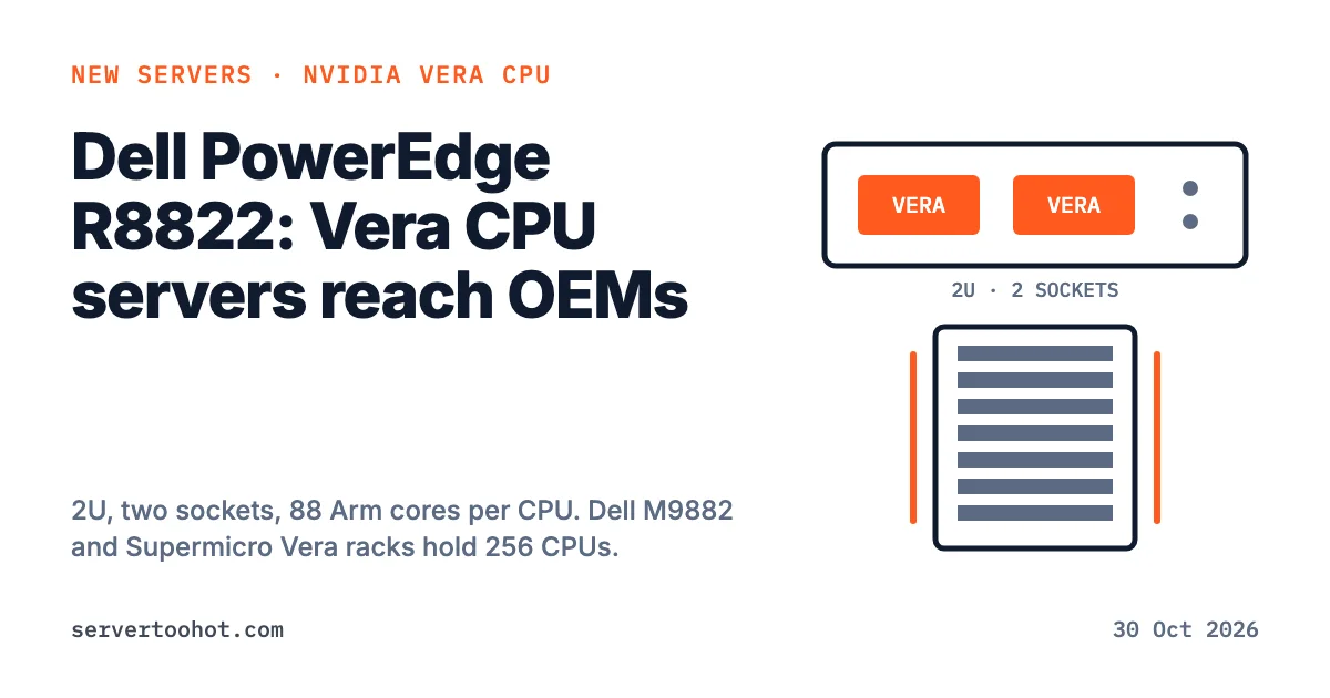 Line drawing of a 2U server with two NVIDIA Vera CPU sockets above a Vera CPU rack, October 2026